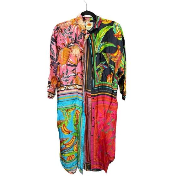 Farm Rio Multicolor Tropical Print Shirt Dress S Cotton Blend Button Front - Picture 5 of 10